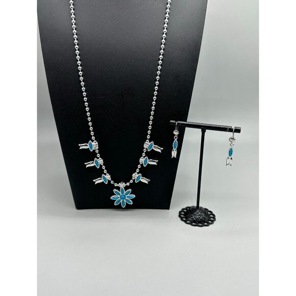 Mini Squash Blossom Jewelry Set Faux Turquoise Silver Tone Southwestern Style - Picture 1 of 13
